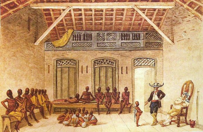 Litografia de Jean-Baptiste Debret retrata um ods muitos mercados de escravos que existiram na zona portuária do Rio de Janeiro. Imagem: reprodução.