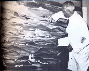 Guignard pinta a grande tela imaginante para a feira das amostras de BH, 1947. Col. Museu Casa Guignard
