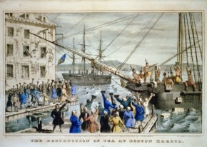 Ilustração retrata o chá jogado ao mar, em Boston
