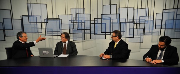 Marco Aurélio Mello com os jornalistas, Paulo Moreira Leite, Florestan Fernandes Júnior e Felipe Recondo