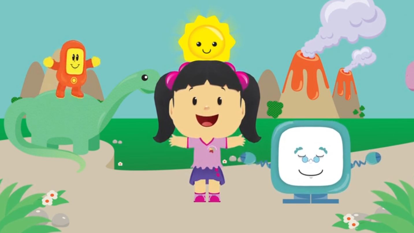 O desenho animado de Taby, Zi e Seu P.U. brincam com um dinossauro