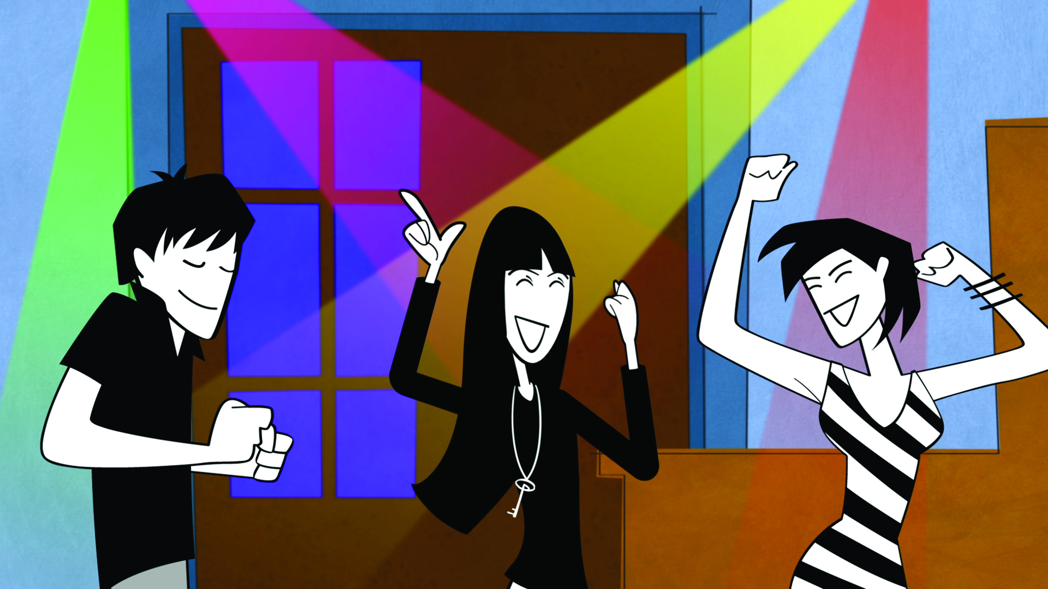 Zica dança na festa com seus amigos em preto e branco