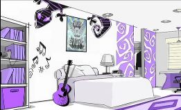 O quarto de Zica: uma estante de livros, um violão, a cama e a luminária